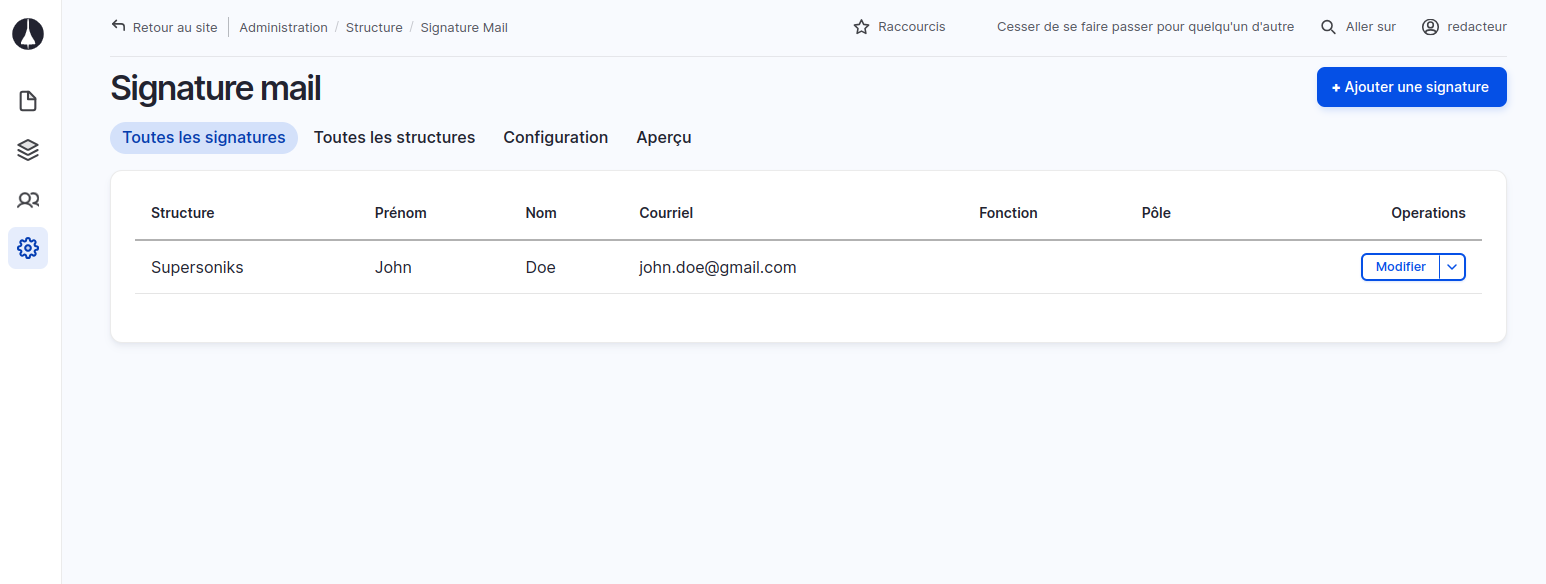 Interface de gestion des signatures